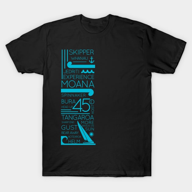 Tangaroa turquoise on black T-Shirt by 45 Degrees Sailing